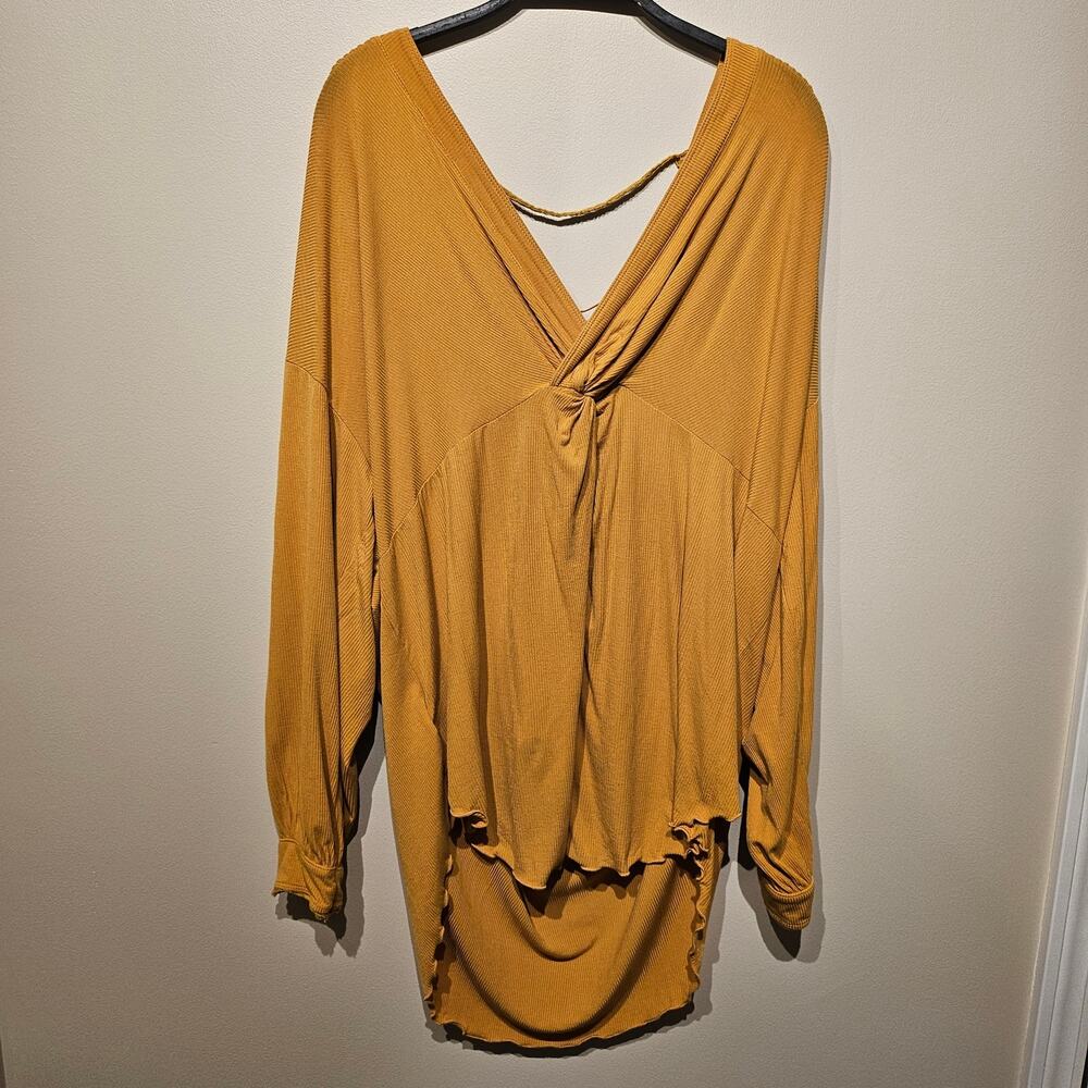 Free People Shimmy Shake Long Sleeve Mustard Yellow Ribbed Top Large